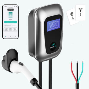 Product photo of the Encore EV Silvi 48A Level 2 home charger, showing the unit, mobile app, and J1772 charging plug.