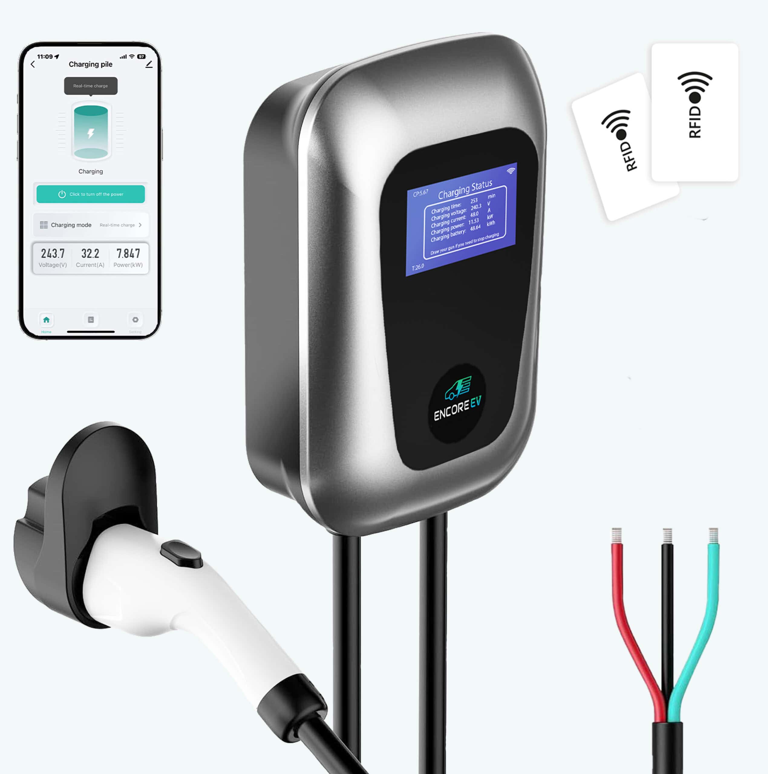 Product photo of the Encore EV Silvi 48A Level 2 home charger, showing the unit, mobile app, and J1772 charging plug.