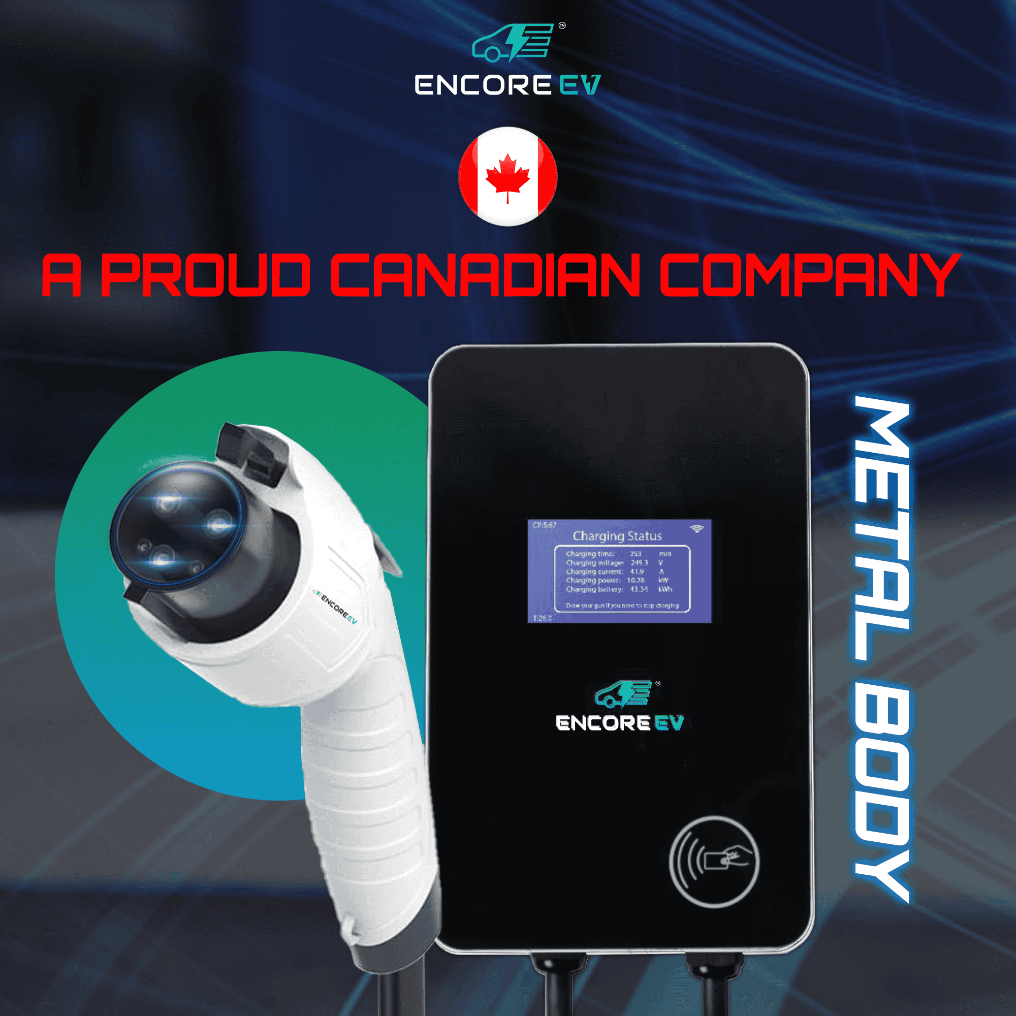 Graphic of the metal-body Encore EV Cobalt 42A charger handle and unit, highlighting the brand as a proud Canadian company.